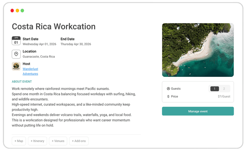Guest-facing event page built with Tripsha